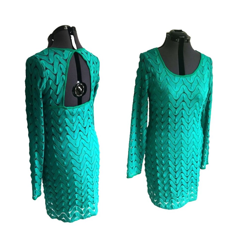 FREE PEOPLE Crochet Lace Green Blue Teal Long Sleeve Lined Dress, Large